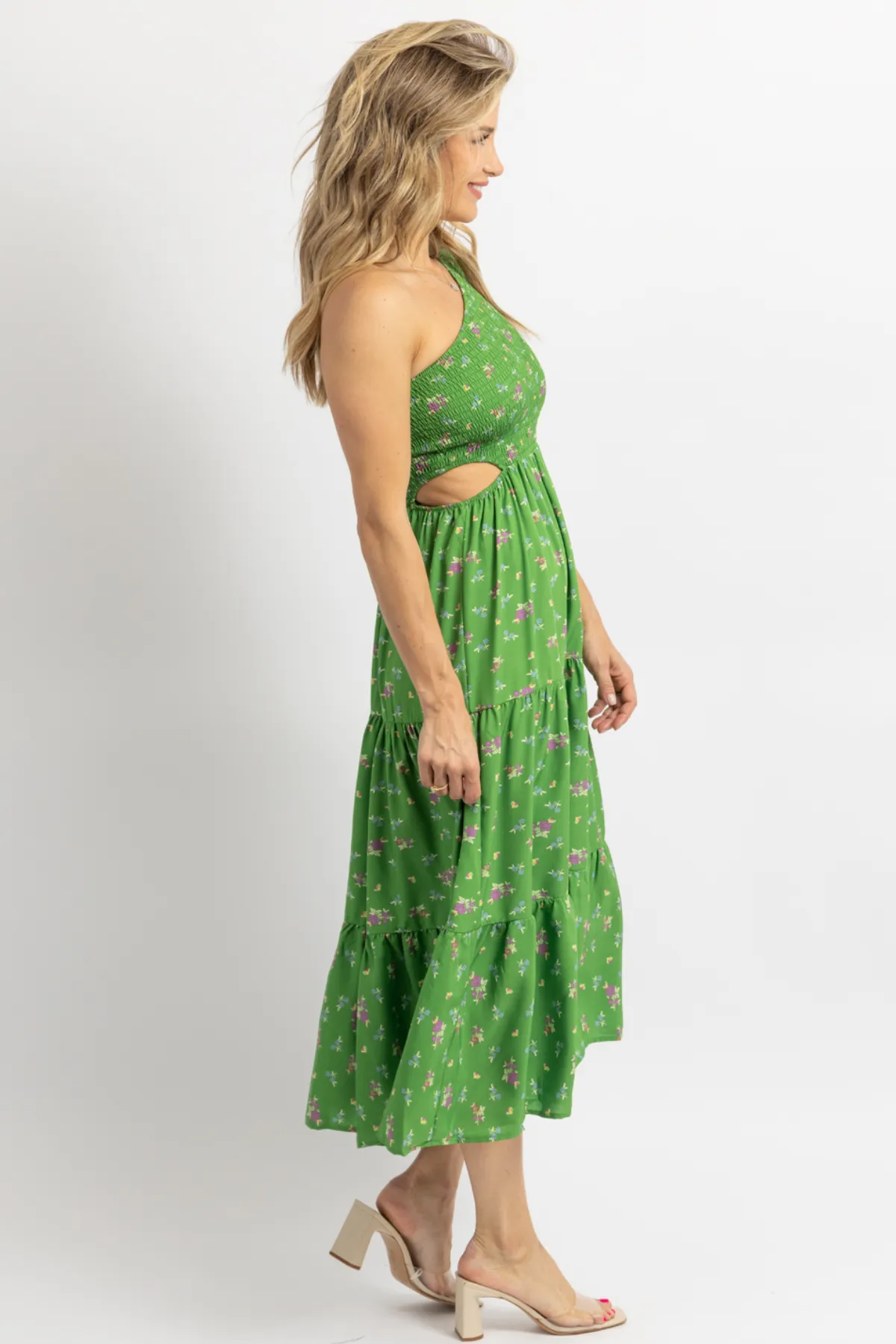 GREEN FLORAL PRINT ONE SHOULDER HOLLOW MIDI DRESS