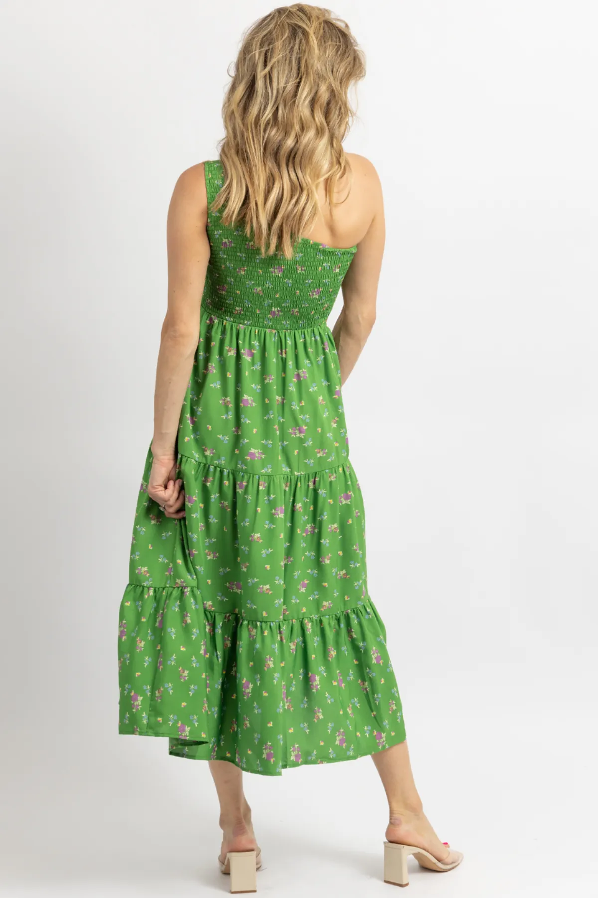 GREEN FLORAL PRINT ONE SHOULDER HOLLOW MIDI DRESS