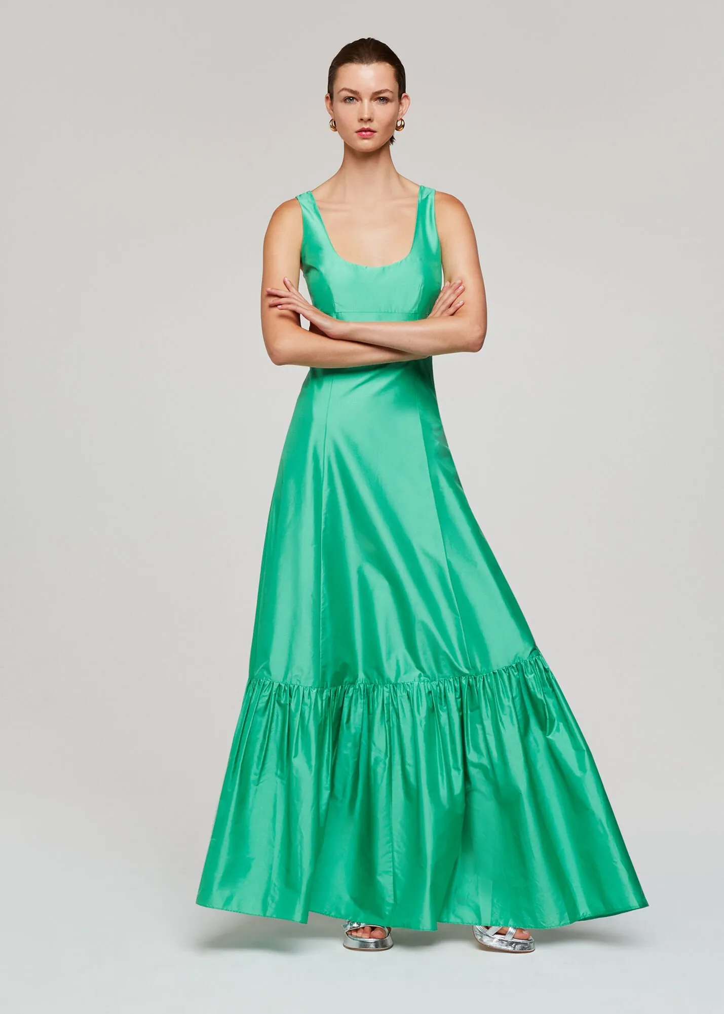 Green Taffeta Silk Blend Maxi Dress