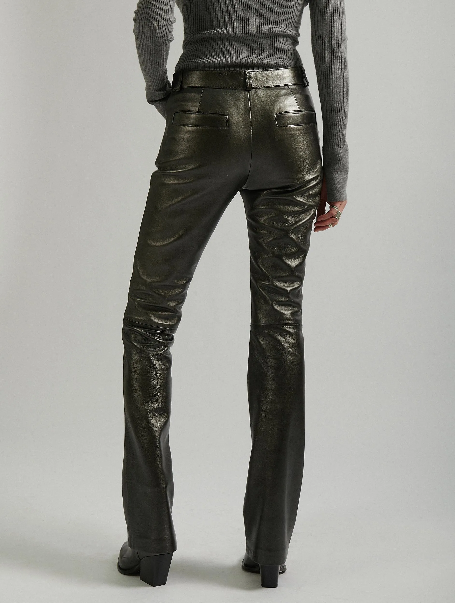 Gunmetal leather straight-leg trousers