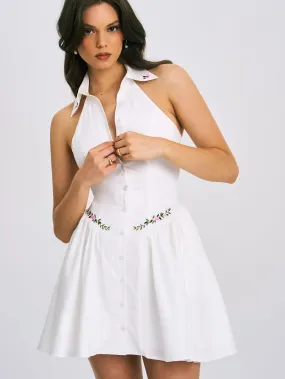 Hailey White Embroidered Collared Halter Drop Waist Mini Dress