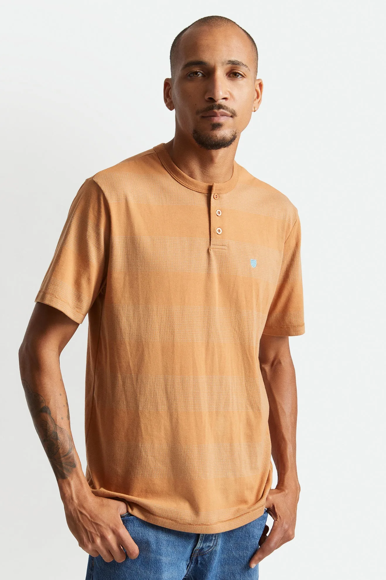 Hilt Stripe S/S Henley Knit - Caramel/Teal