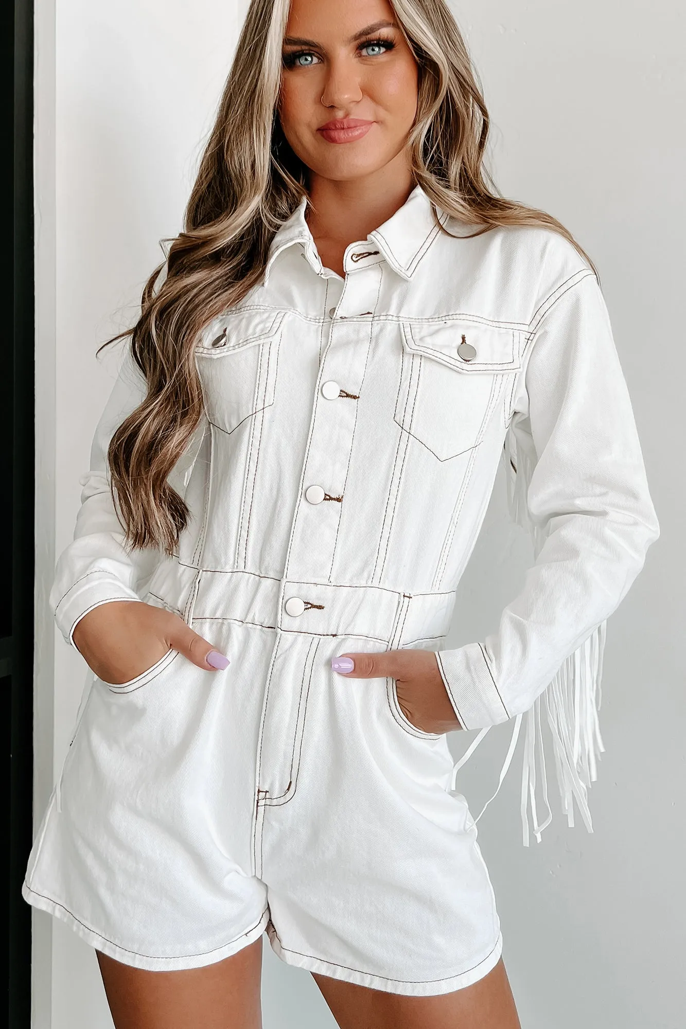 Horse Girl Denim Romper With Fringe Detail (Ivory)