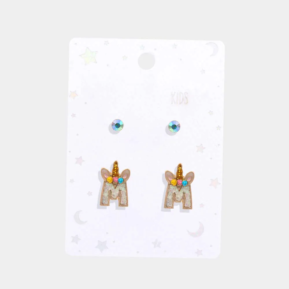 Illasparkz Unicorn Monogram Stud Earrings - Set of 2 Pairs for Kids