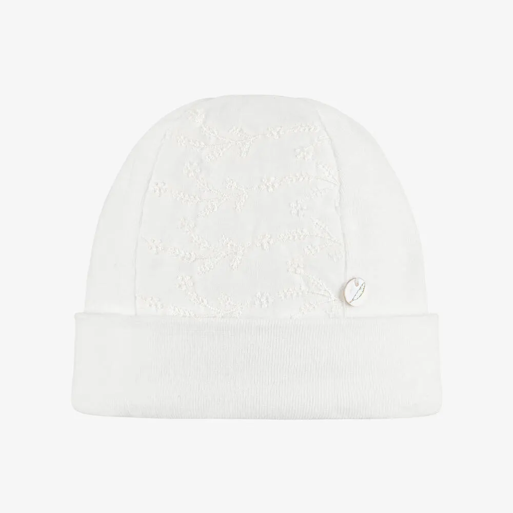 Ivory Embroidered Cotton Baby Hat