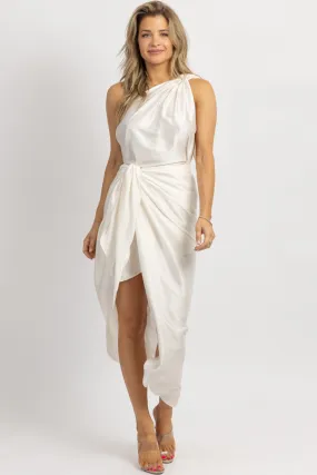 IVORY SATIN ONE SHOULDER WRAP DRESS