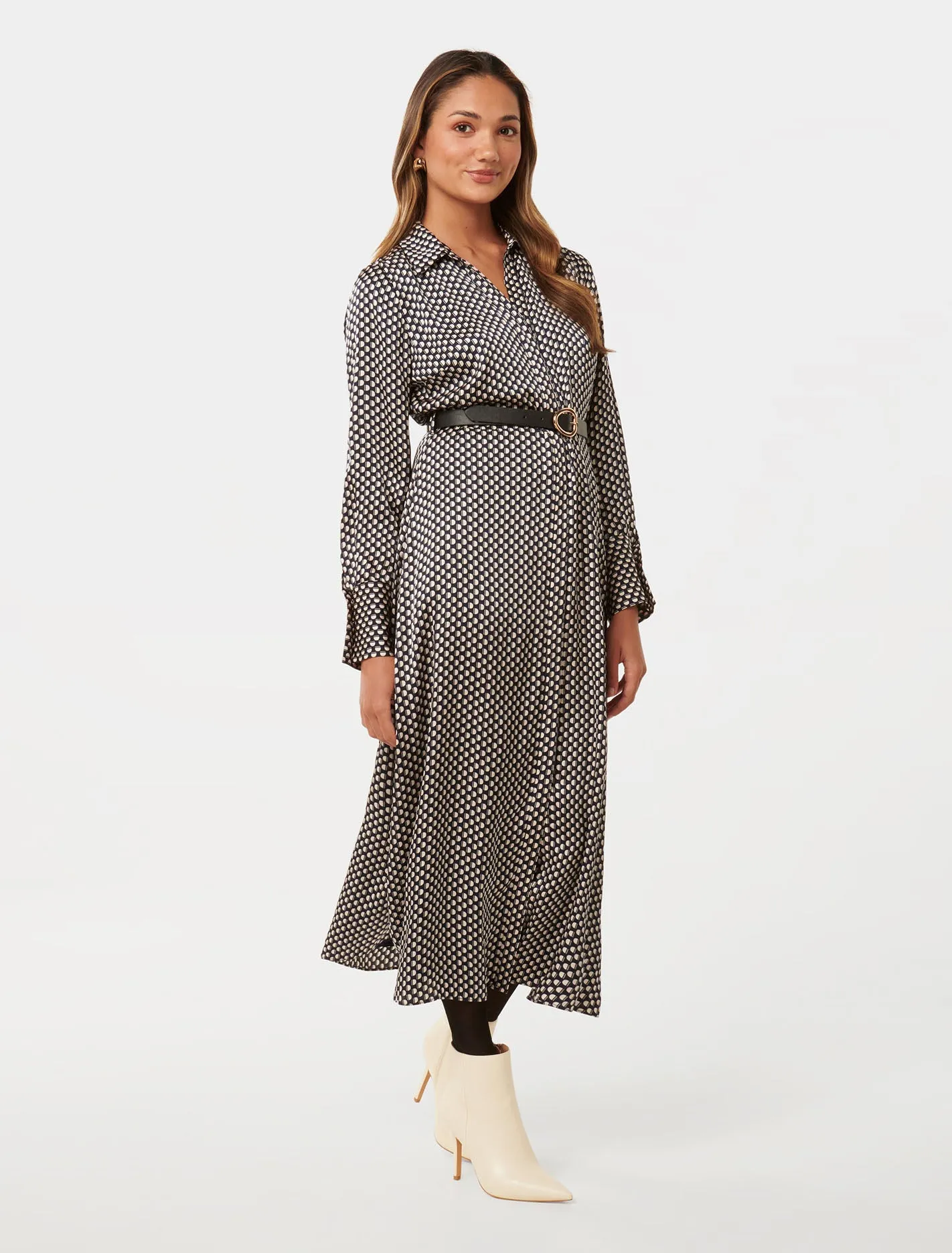 Janine Petite Satin Midi Shirt Dress