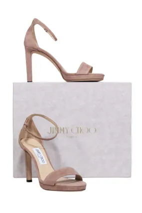 Jimmy Choo - Beige “Misty 100” Suede Open Toe Platform Heels Sz 8