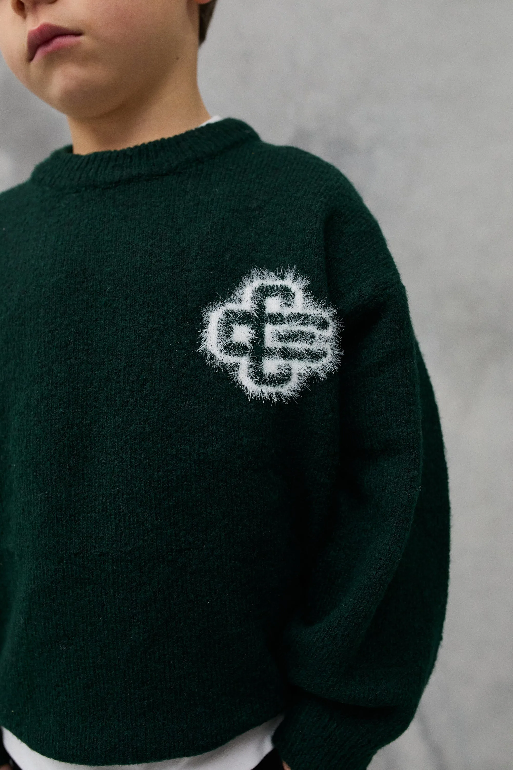 JNR FLUFFY KNIT EMBLEM CREW - GREEN