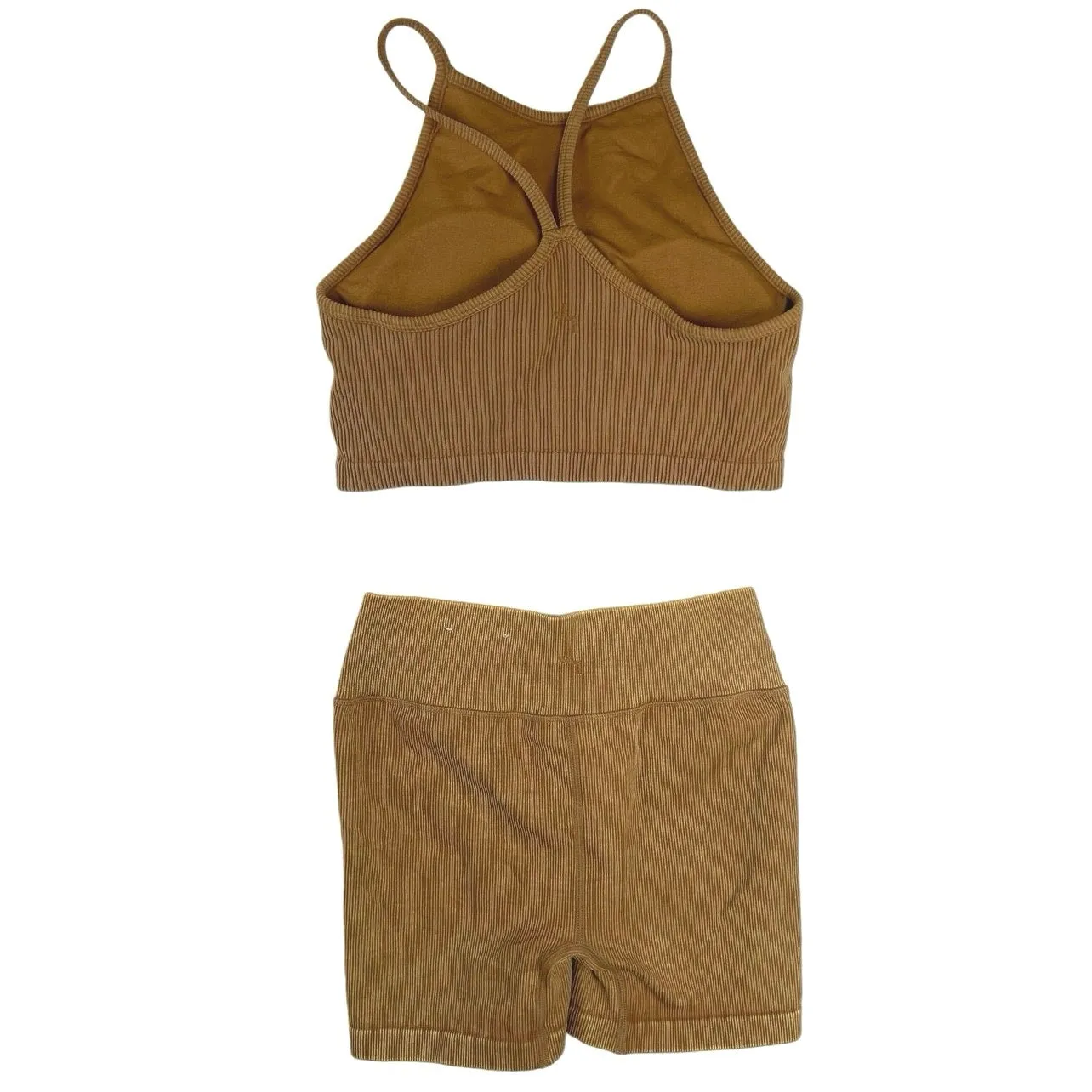 Joy Lab Brown Ribbed Stretch Athletic Racerback Sports Bra & Short 2-Piece Set S