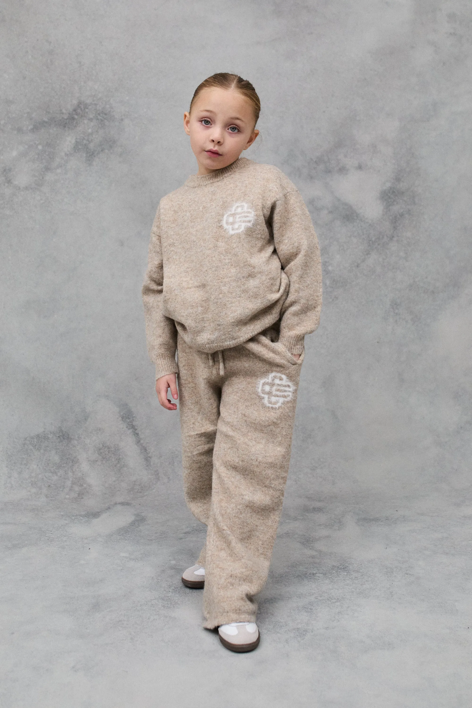 KIDS FLUFFY KNIT EMBLEM CREW - BEIGE