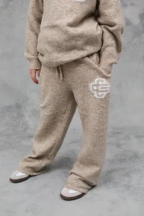 KIDS FLUFFY KNIT EMBLEM JOGGERS - BEIGE