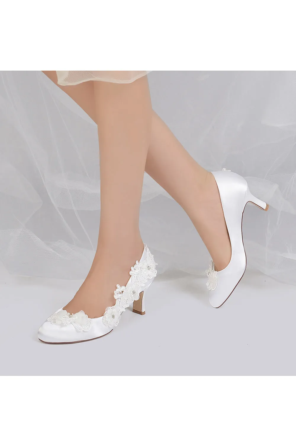 Lace Pointed Toe  Chunky Heels with Beaded