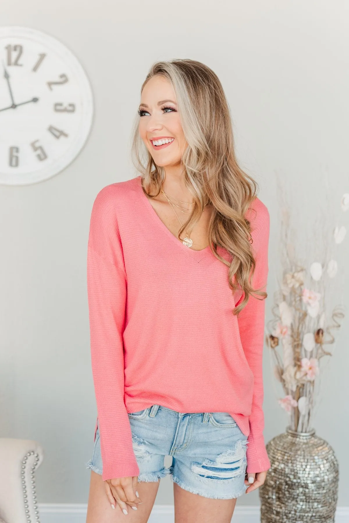 Coral Life In Full Bloom V-Neck Knit Top