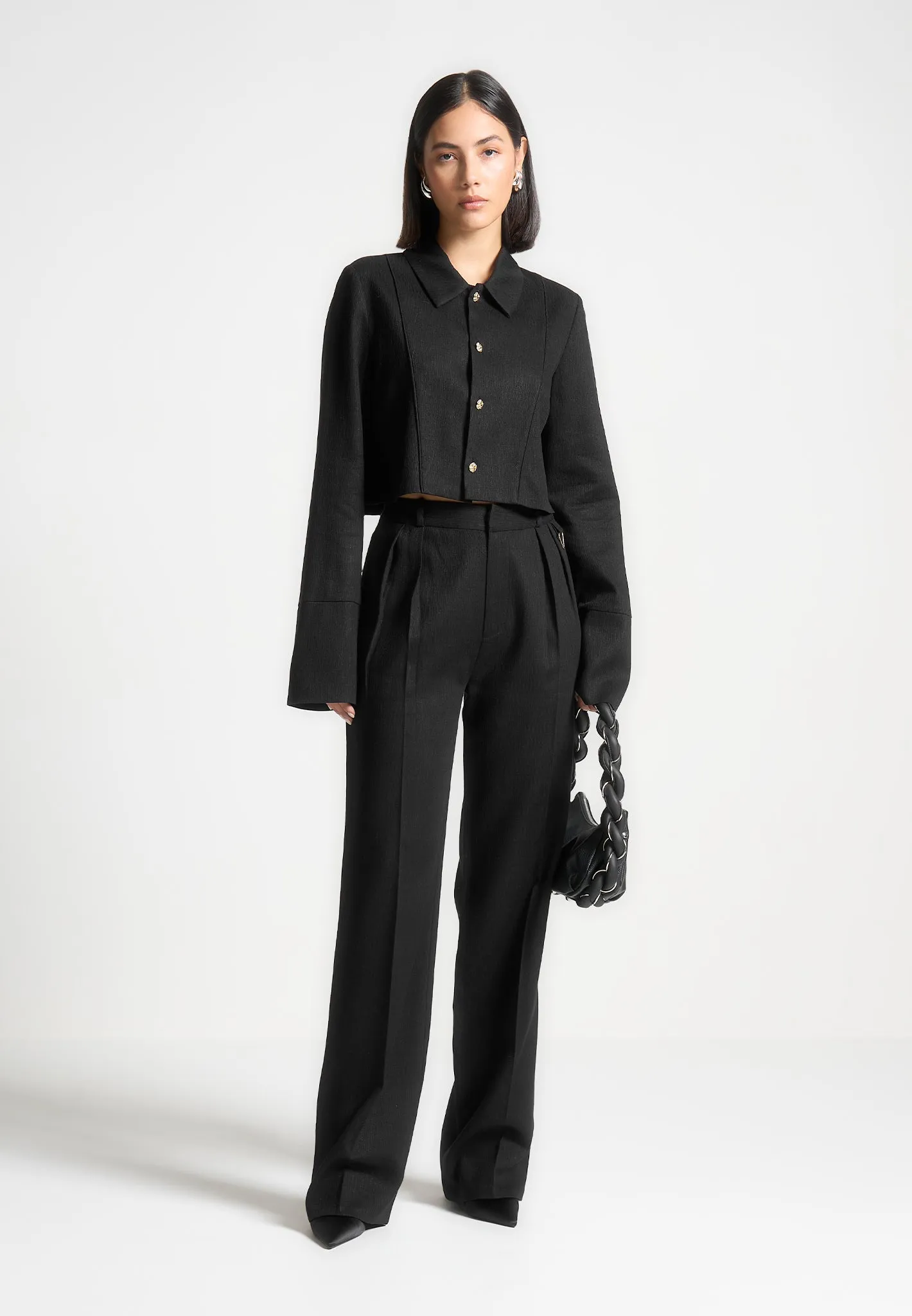 Linen Twin Pleat Trousers - Black