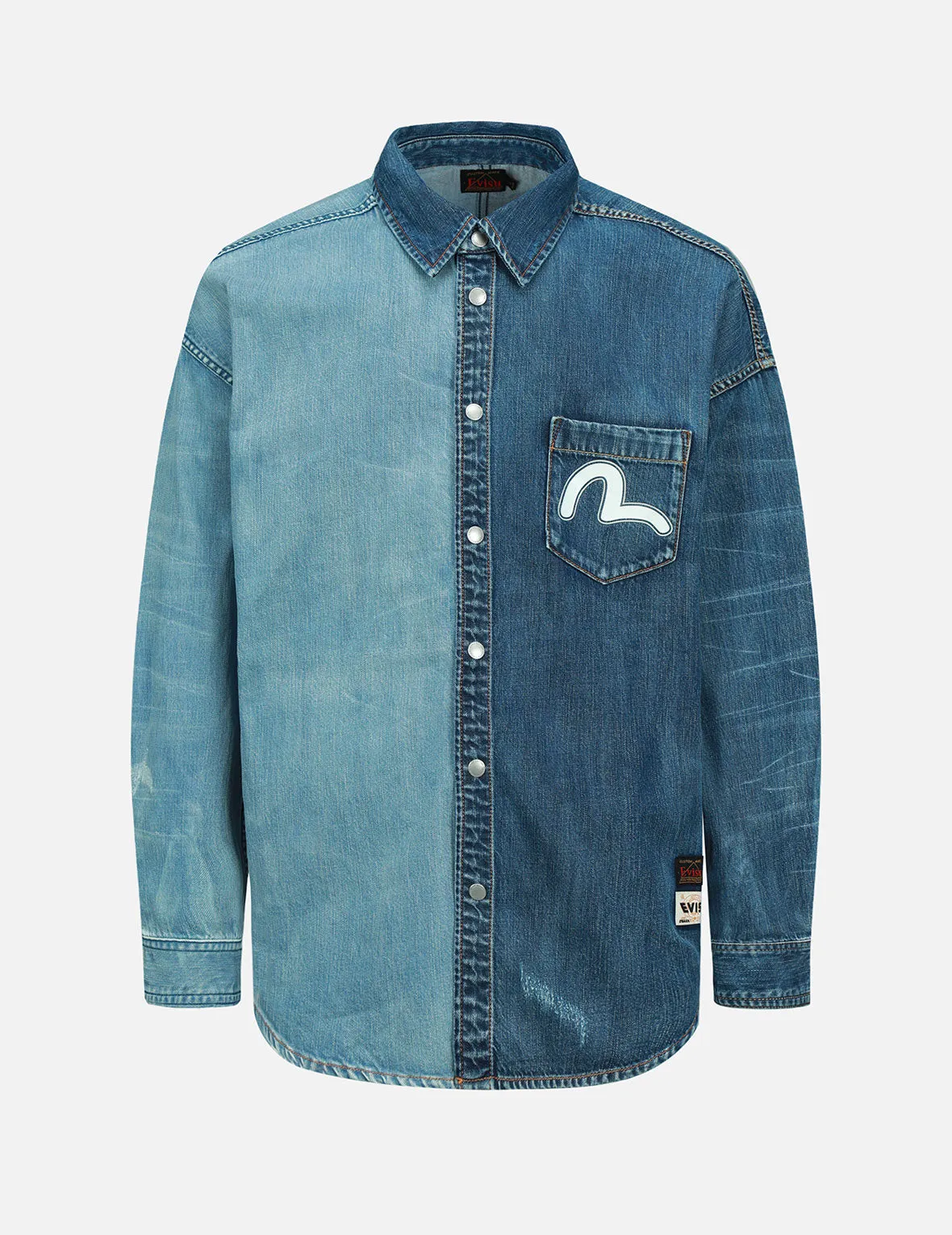 Logo Print and Appliqué Half & Half Denim Shirt