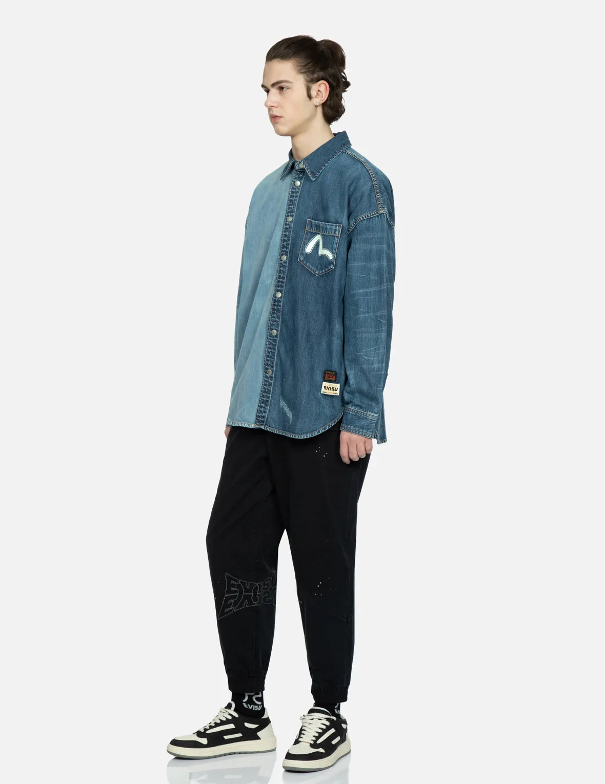 Logo Print and Appliqué Half & Half Denim Shirt