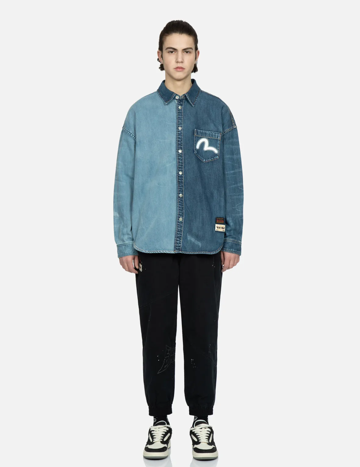 Logo Print and Appliqué Half & Half Denim Shirt