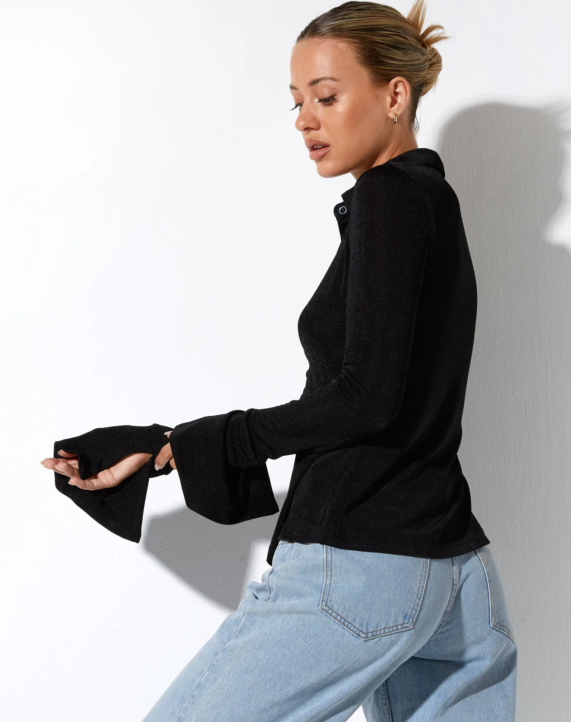 Long Sleeve Black Crepe Shirt - Keani