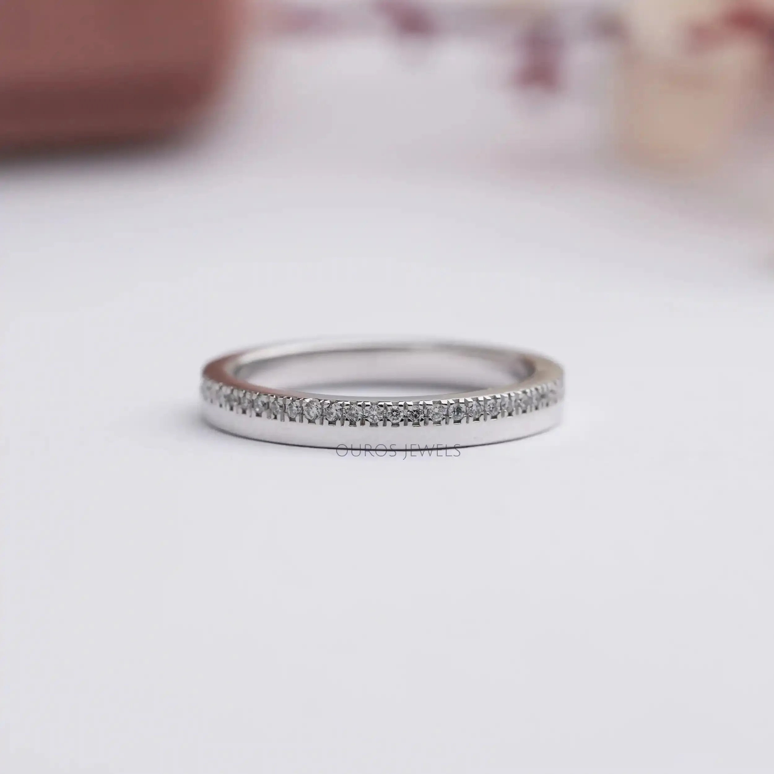 Matte Finish Pave Set Round Cut Half Eternity Band