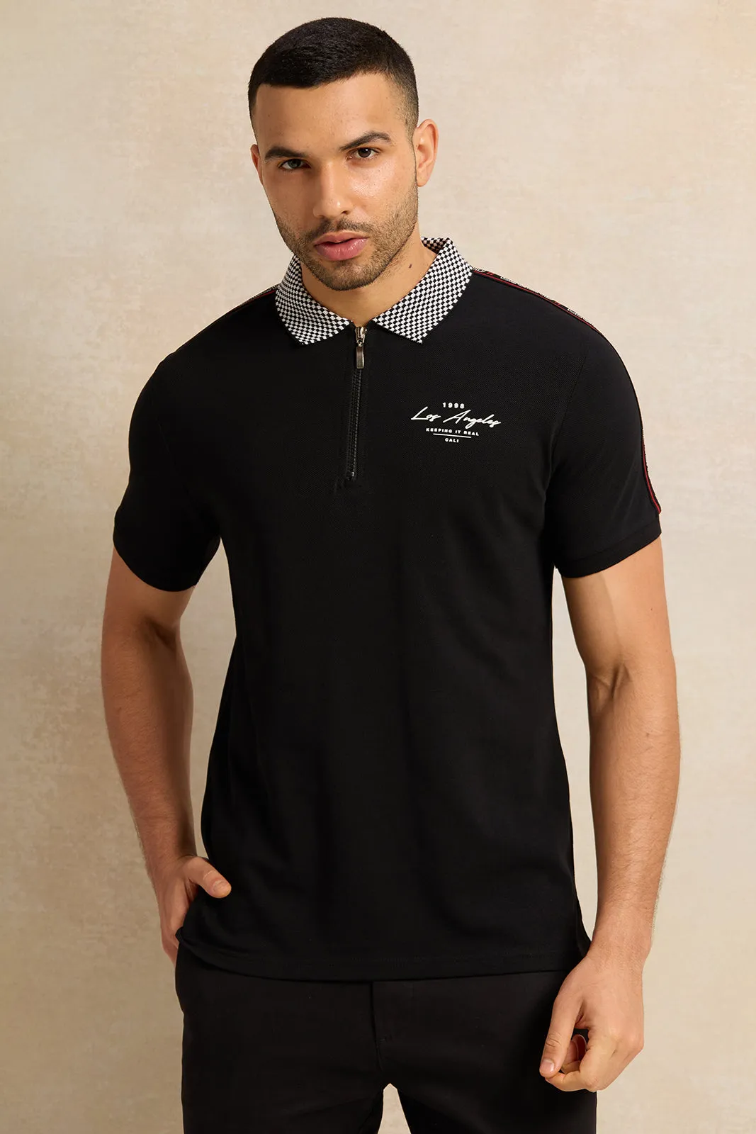 Men Black Embellished Polo Shirt