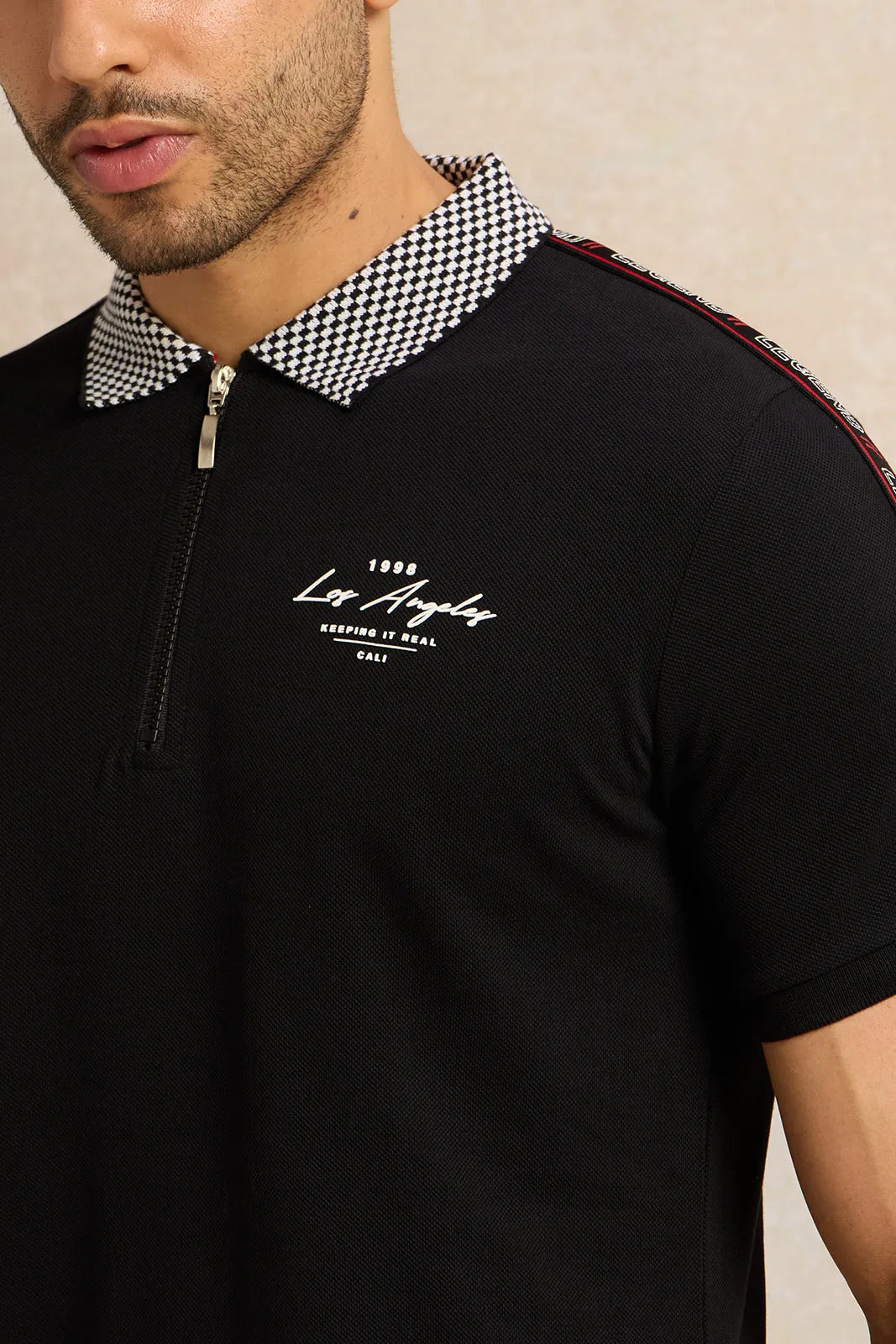 Men Black Embellished Polo Shirt