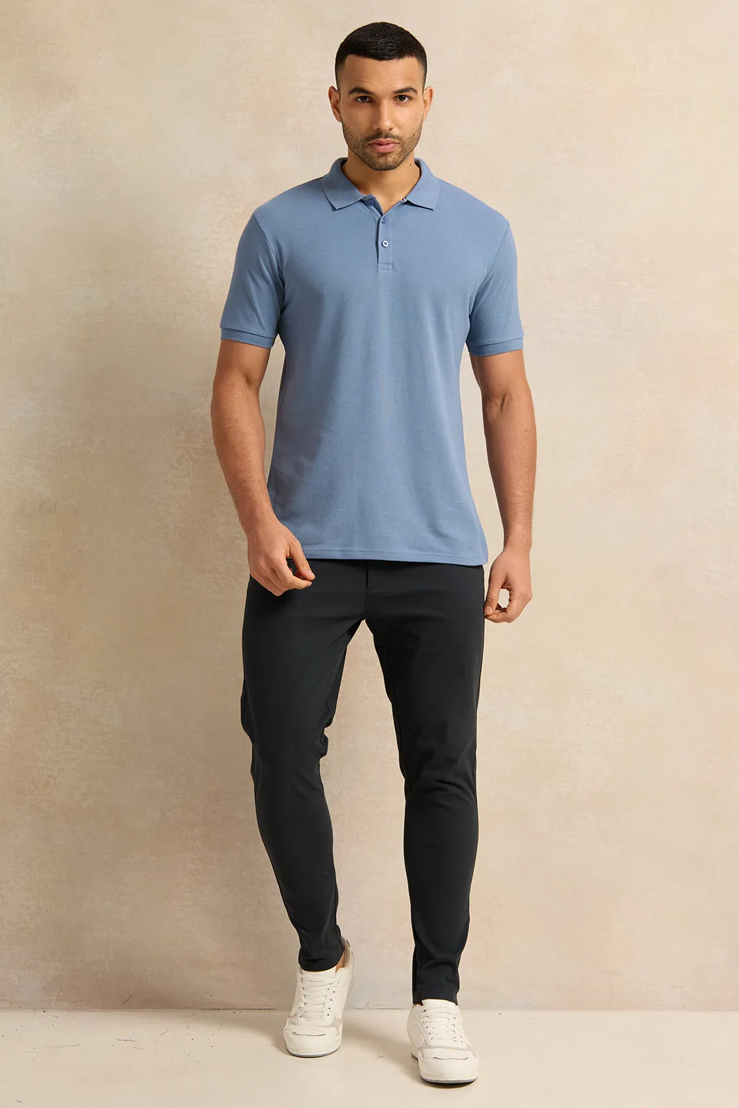 Men Blue Solid Pique Polo Shirt