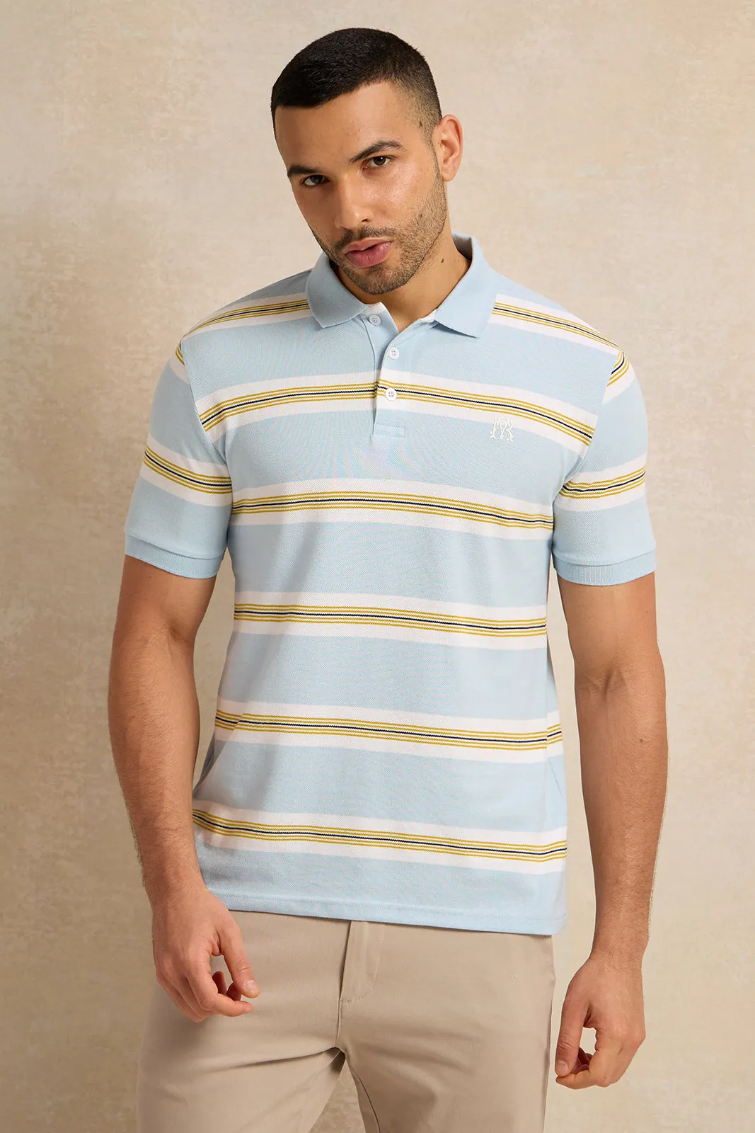 Men Blue Stripe Pique Polo Shirt