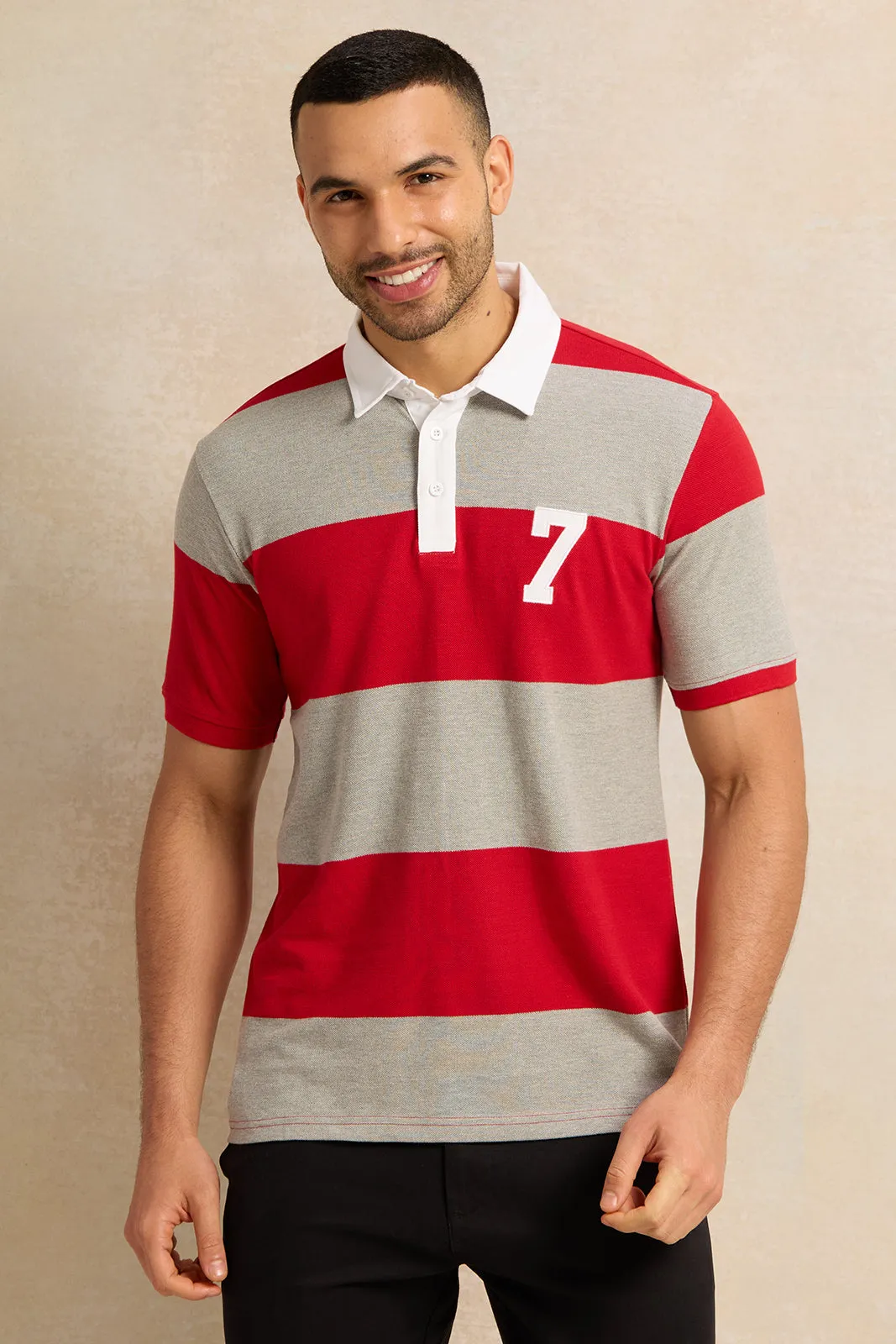 Men Red And Grey Pique Polo Shirt