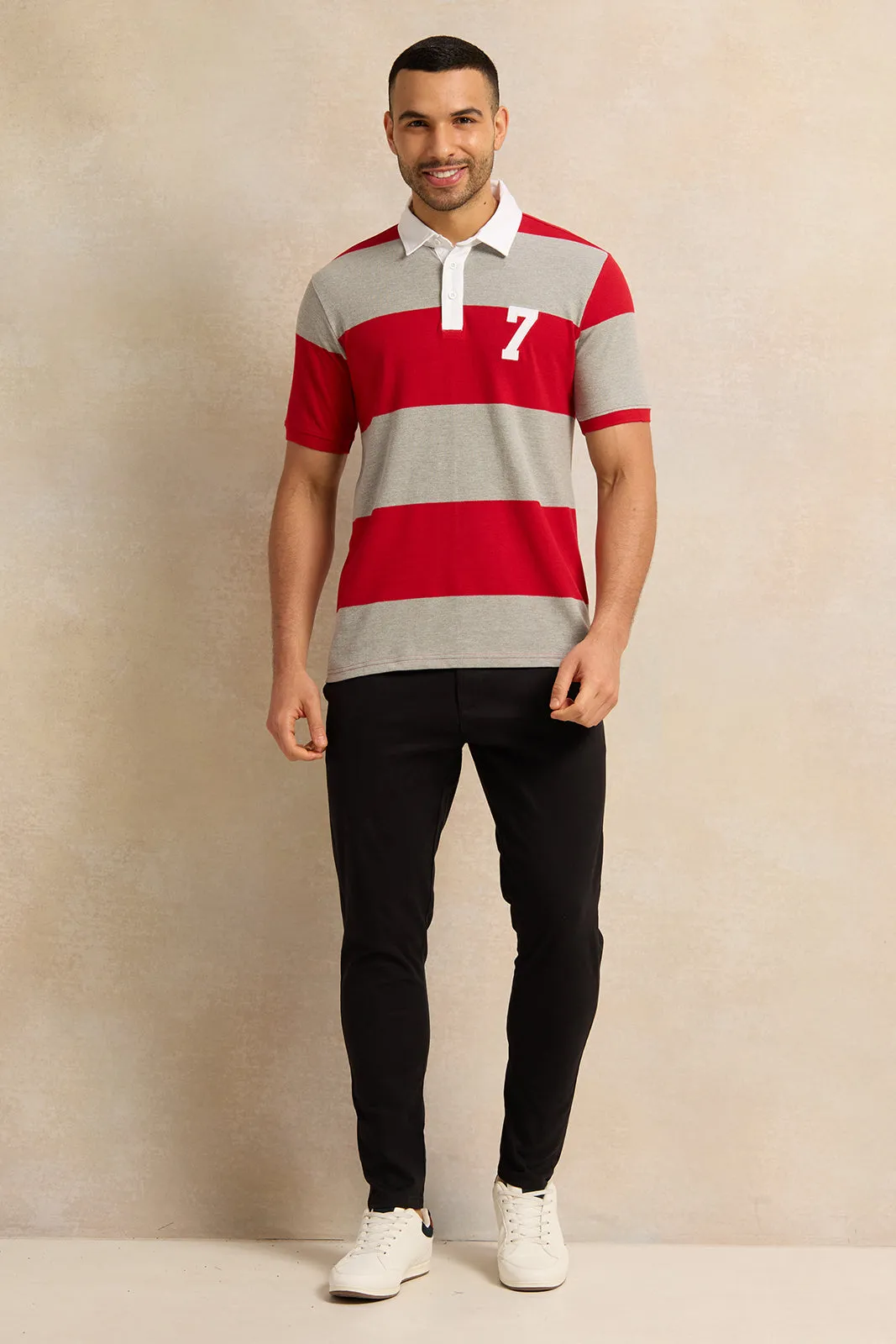 Men Red And Grey Pique Polo Shirt