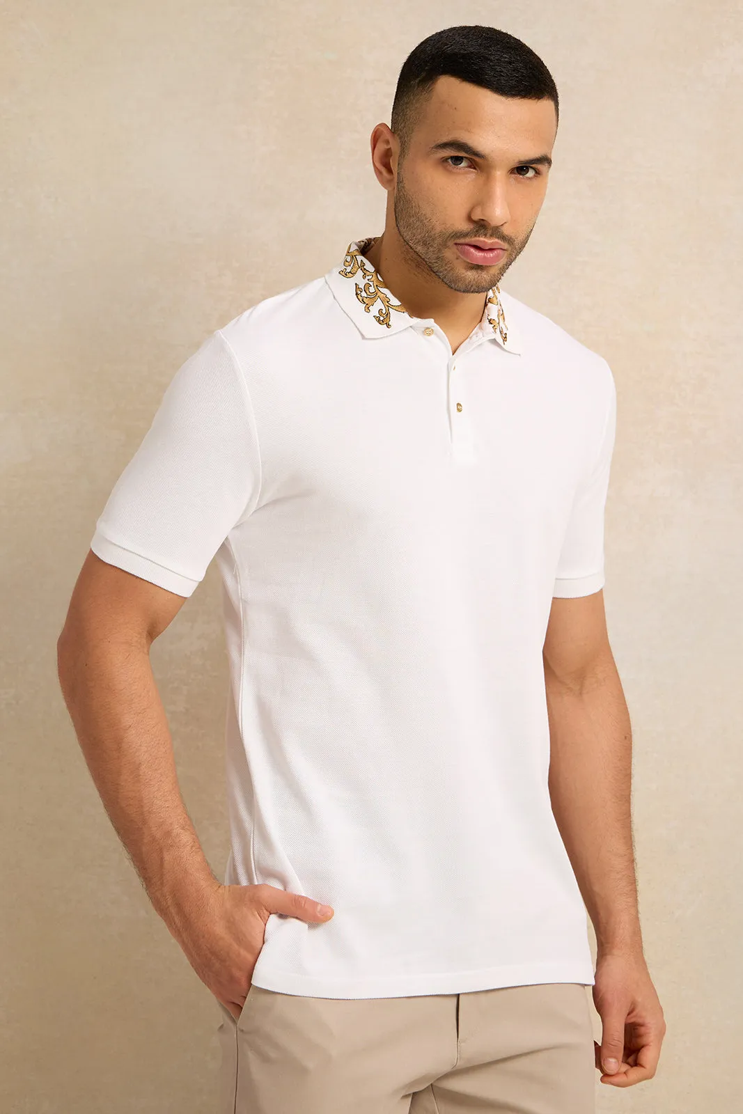 Men White Embellished Polo Shirt