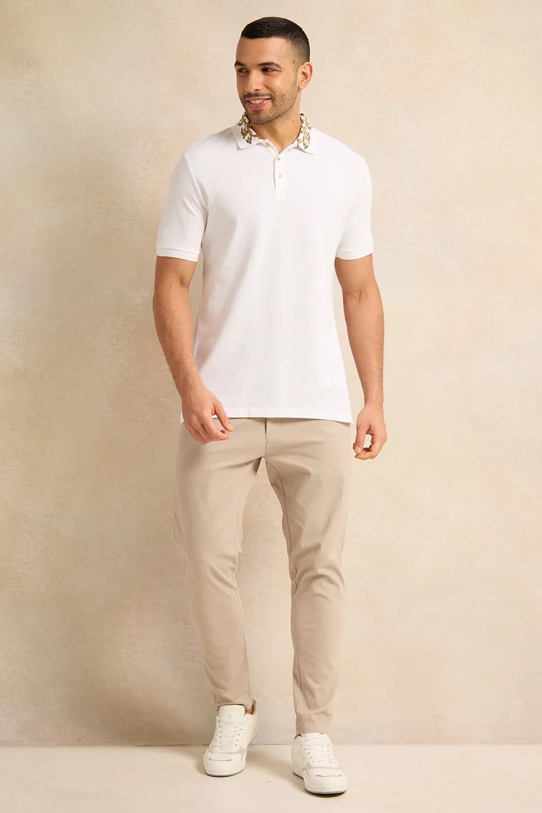 Men White Embellished Polo Shirt