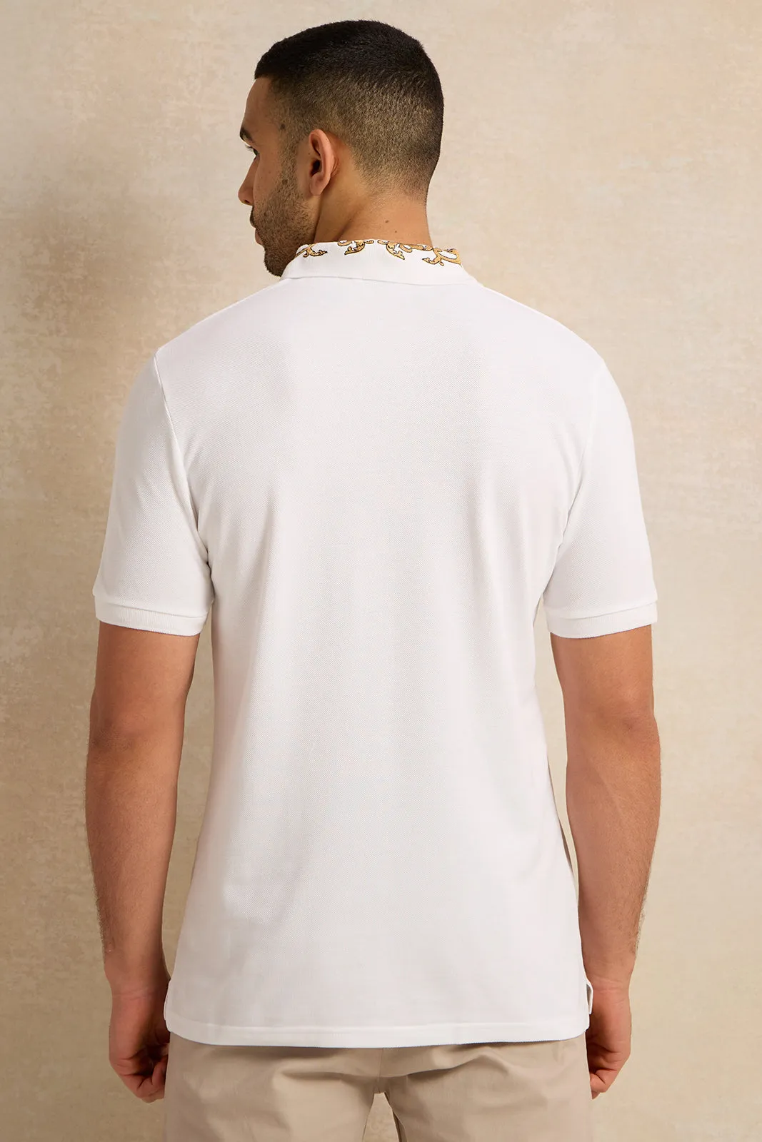 Men White Embellished Polo Shirt