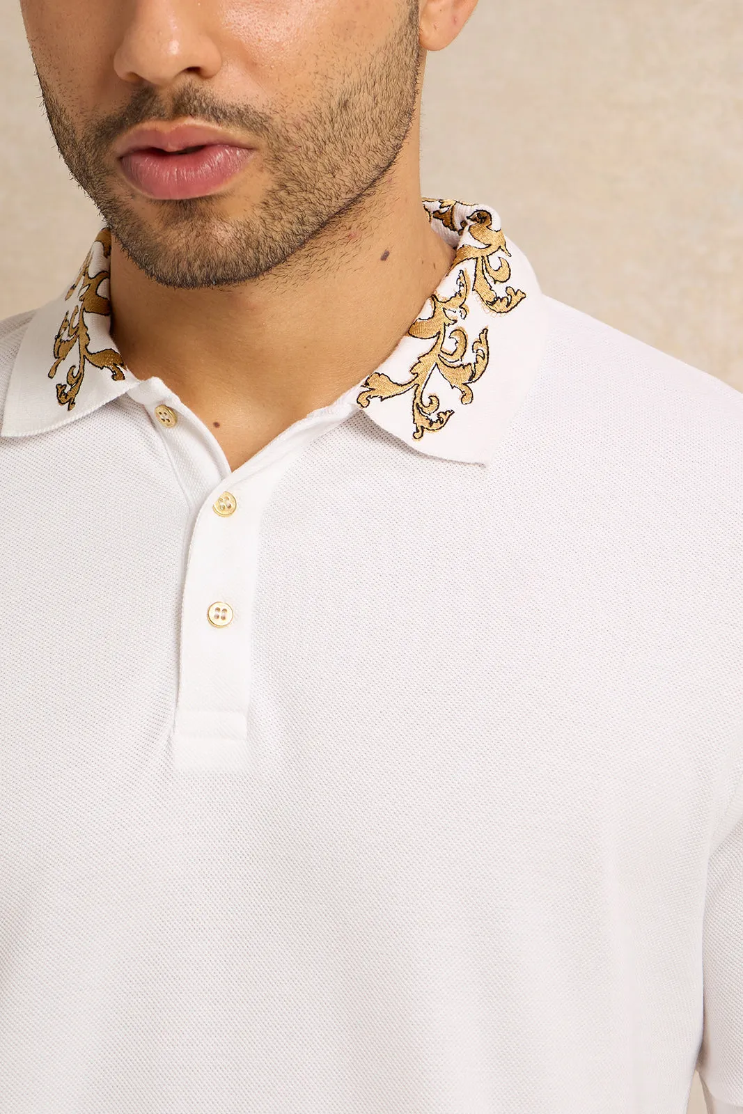 Men White Embellished Polo Shirt