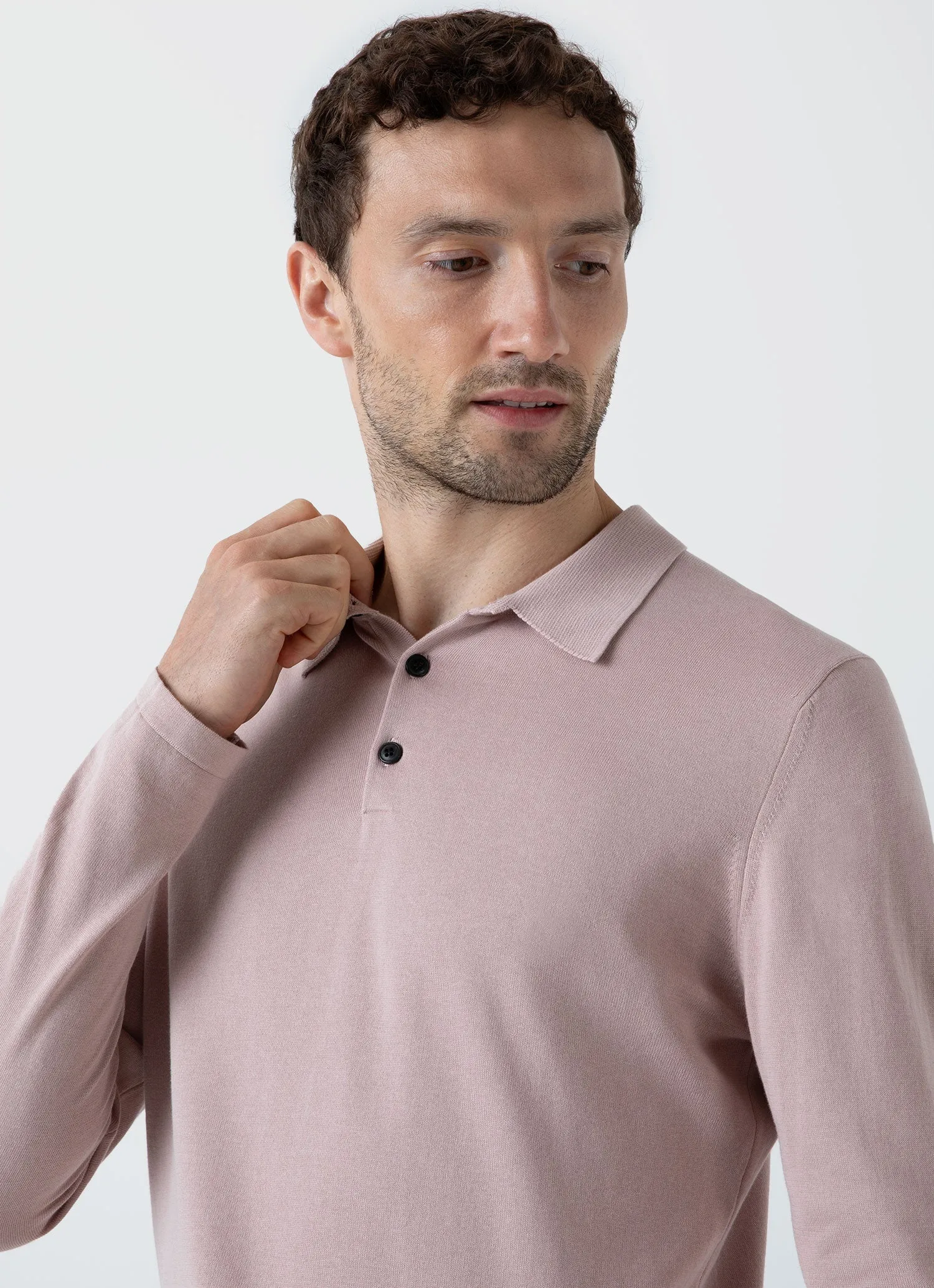 Men's Long Sleeve Sea Island Cotton Polo Shirt in Pale Pink