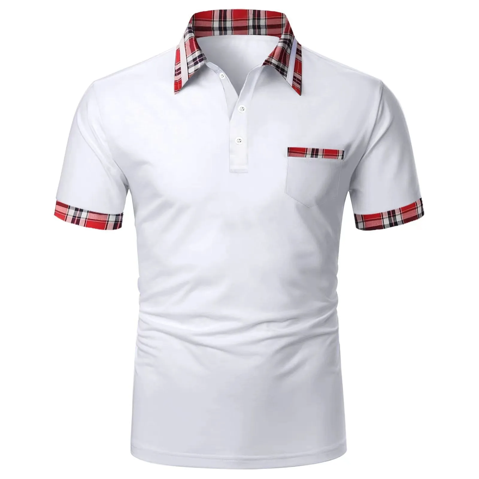 Men's Summer Plaid Patchwork Anti-Wrinkle Short-Sleeve Polo Shirt