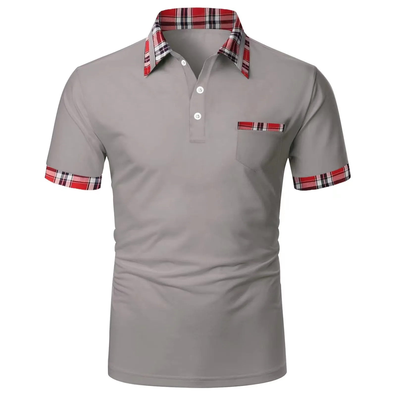 Men's Summer Plaid Patchwork Anti-Wrinkle Short-Sleeve Polo Shirt