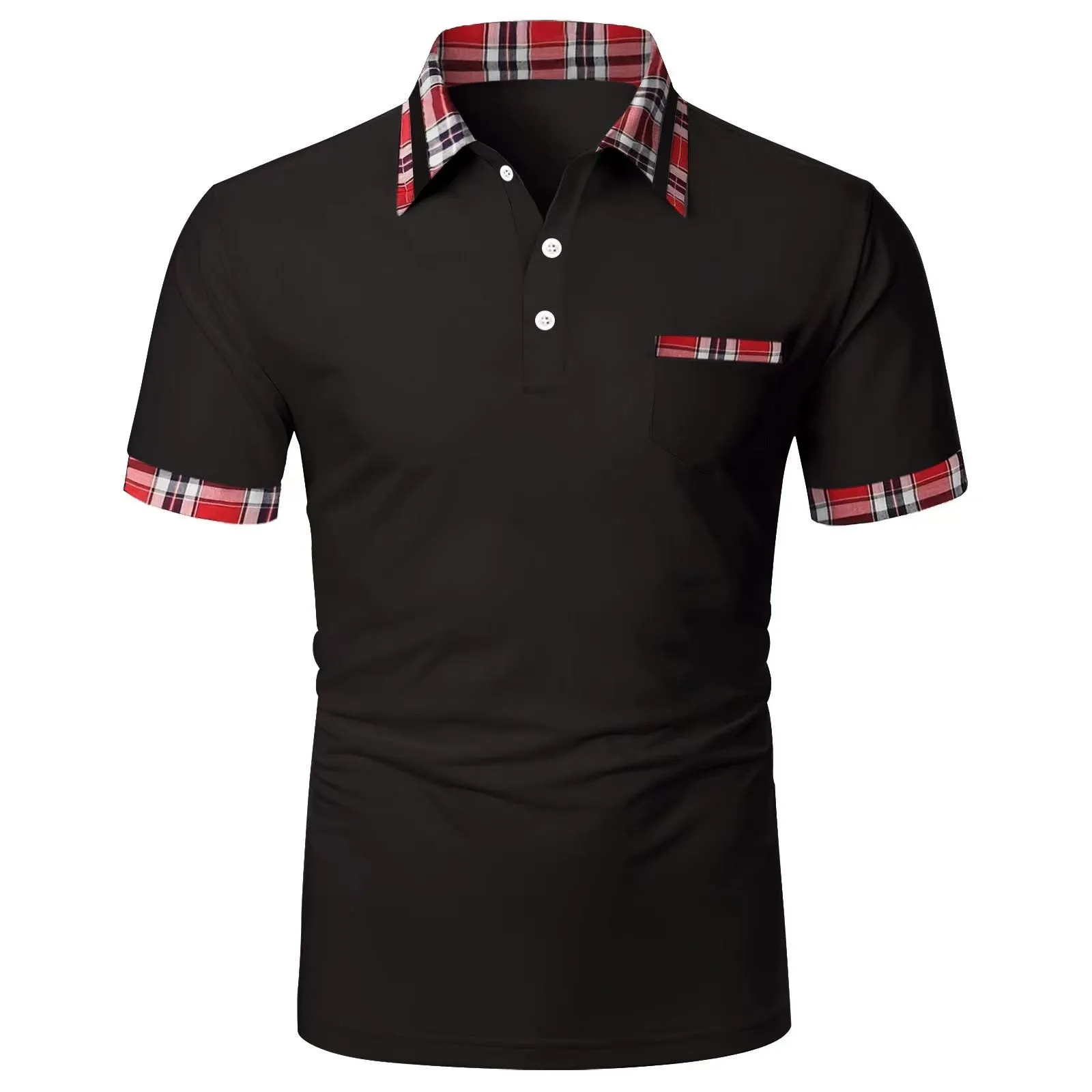 Men's Summer Plaid Patchwork Anti-Wrinkle Short-Sleeve Polo Shirt