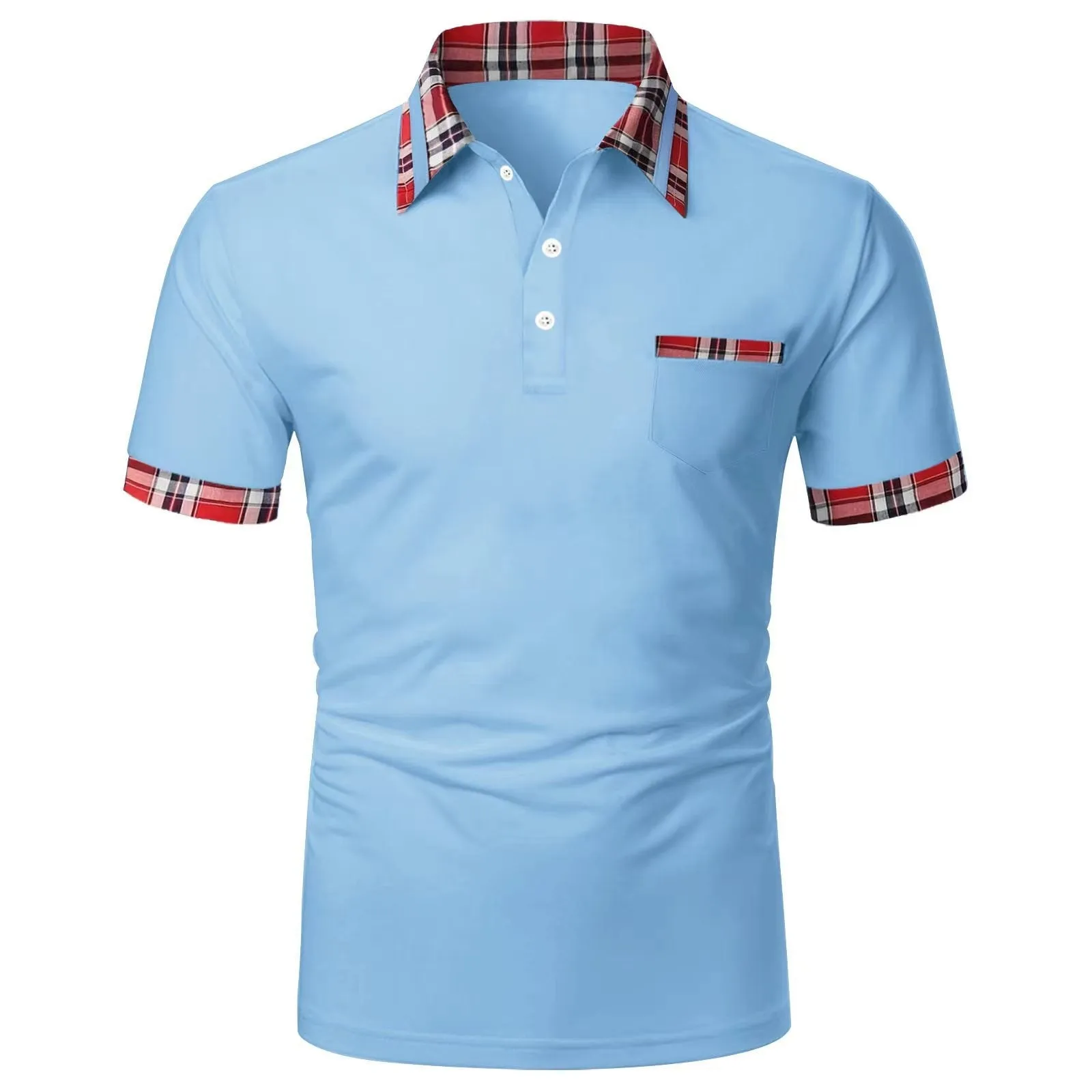 Men's Summer Plaid Patchwork Anti-Wrinkle Short-Sleeve Polo Shirt