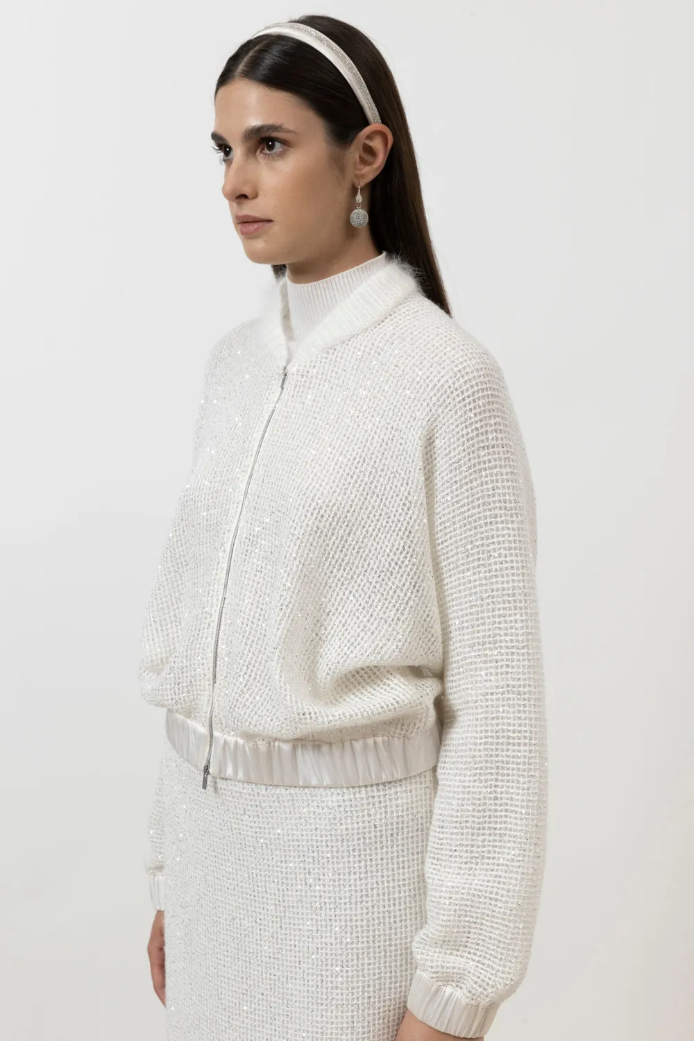 Micro sequins mesh knit bomber sweatshirt