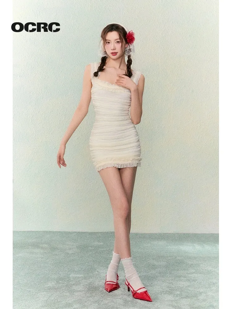 OCRC Official One-shoulder two-wear stretch lace pleated suspender skirt with sweet and hot girl temperament dress