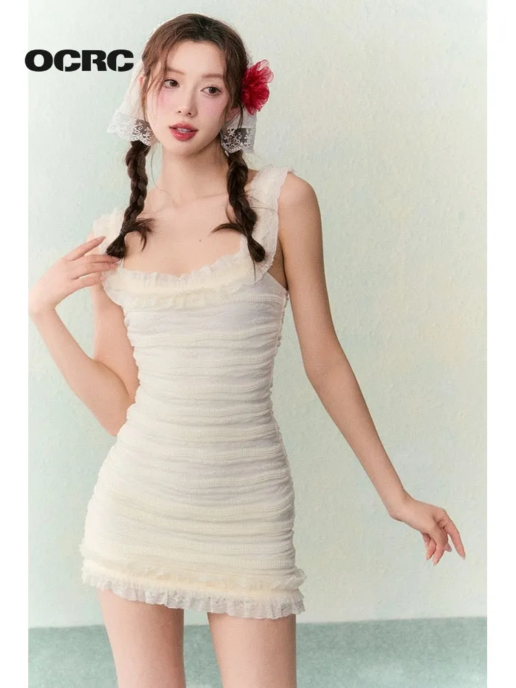 OCRC Official One-shoulder two-wear stretch lace pleated suspender skirt with sweet and hot girl temperament dress