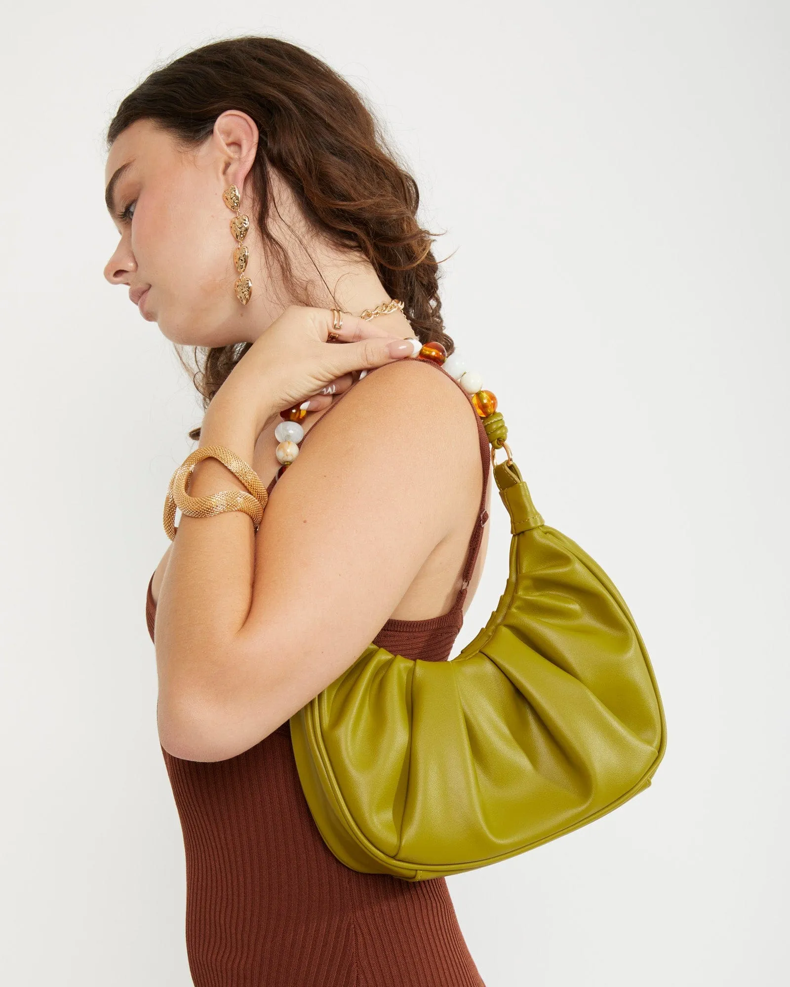 Olive Tess Beaded Handle Shoulder Bag