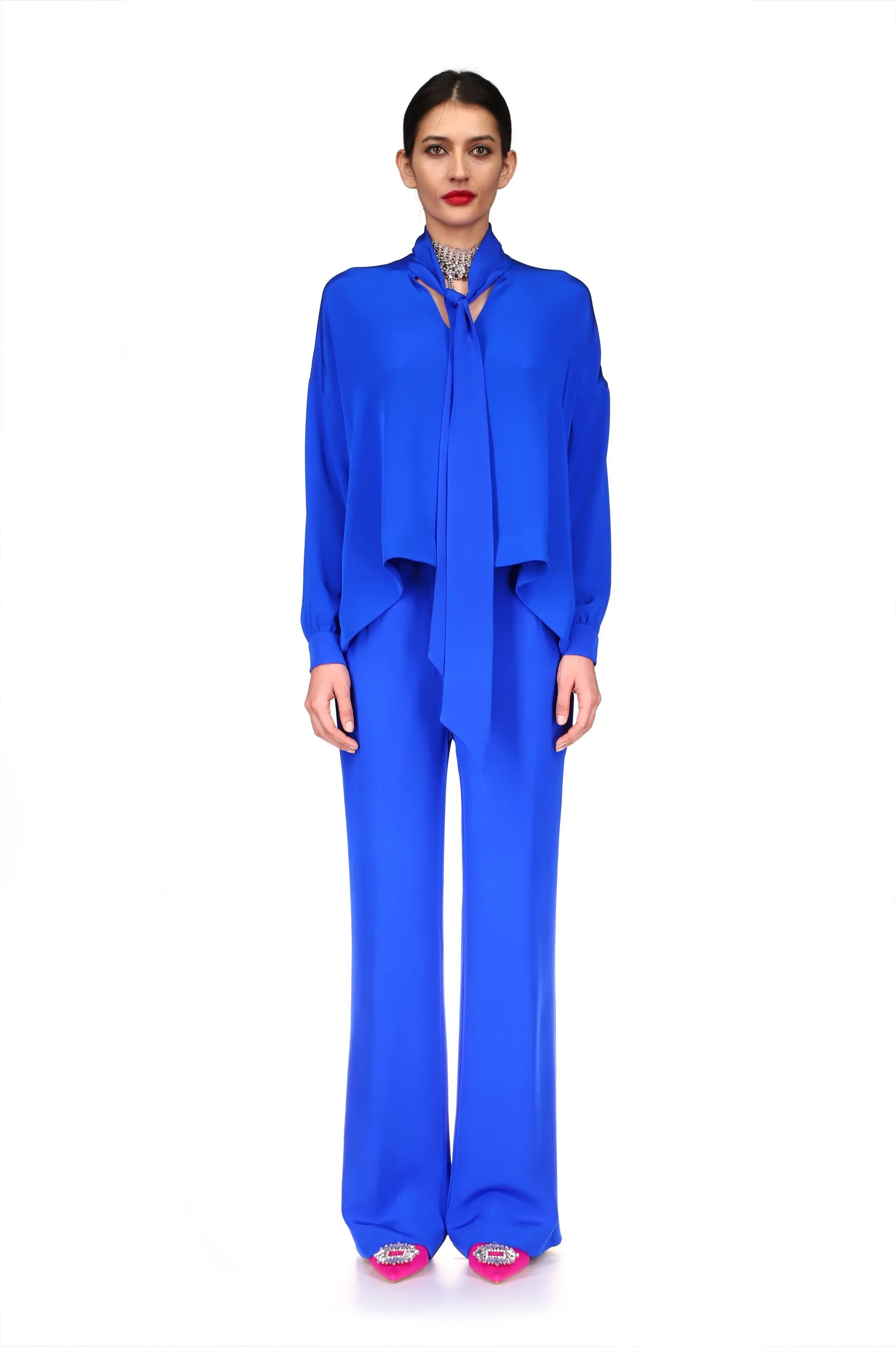 'OVERSATURATED SILKS' BLUE WIDE LEG TROUSERS