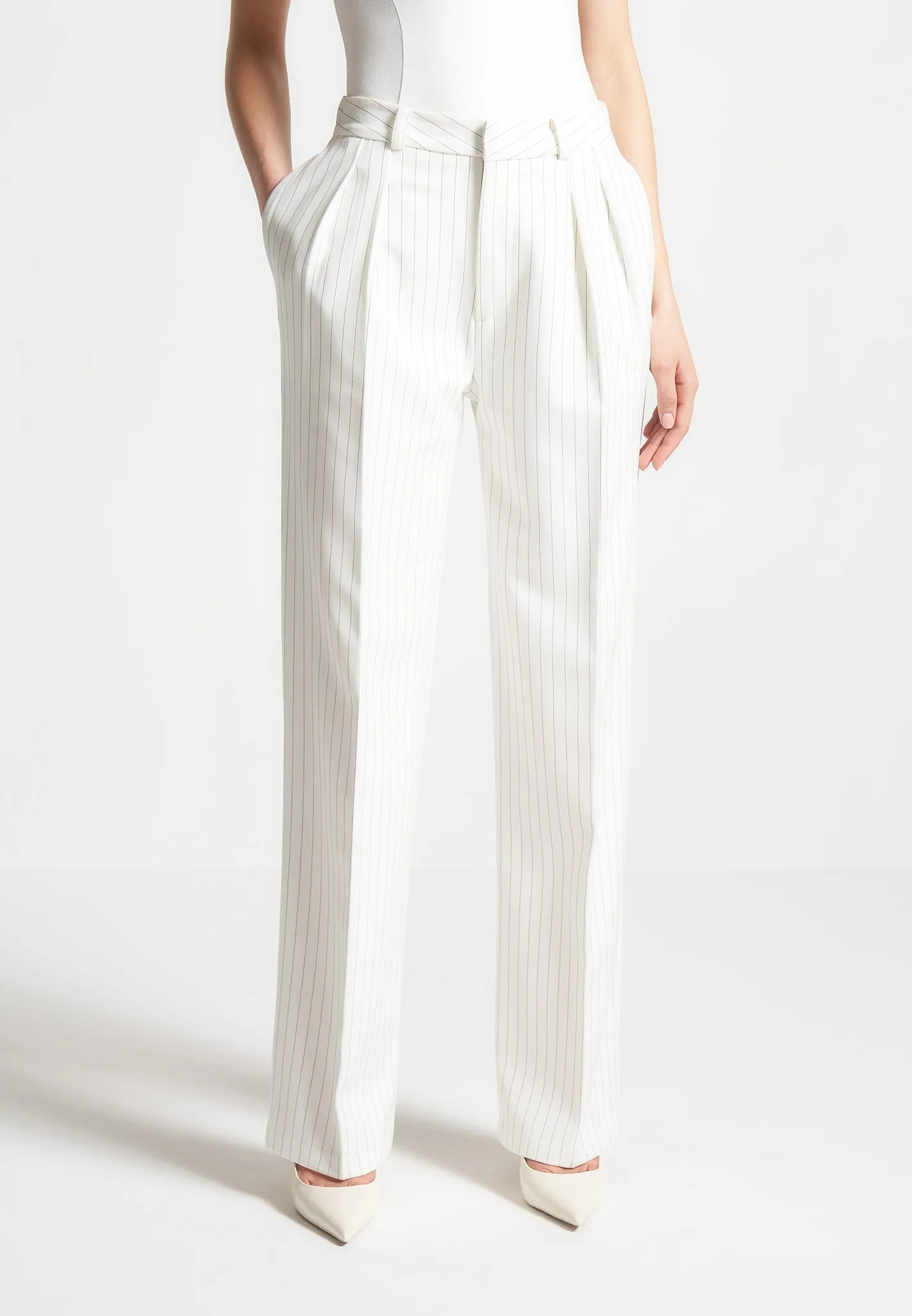 Pinstripe Twin Pleat Tailored Trousers - White