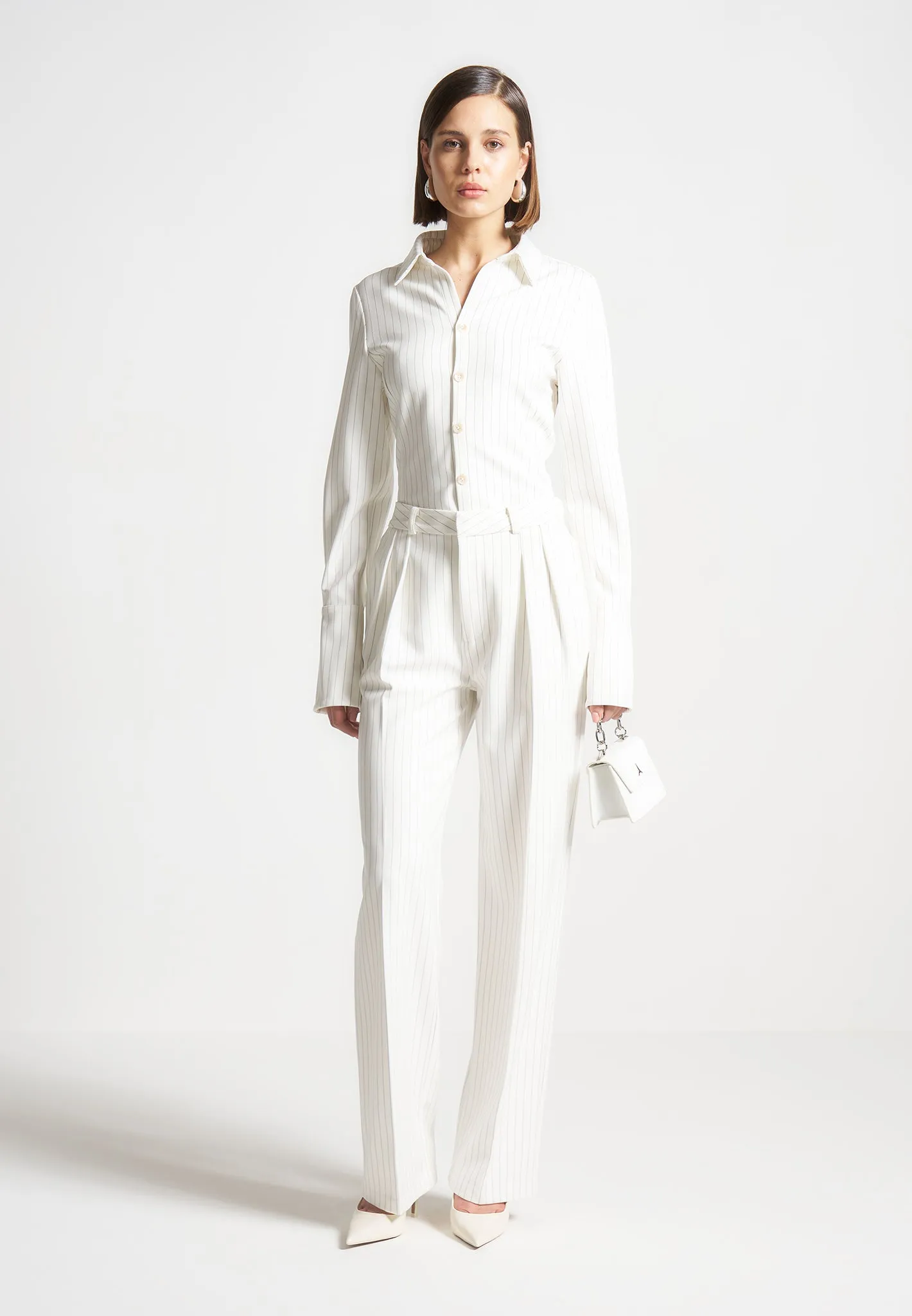 Pinstripe Twin Pleat Tailored Trousers - White