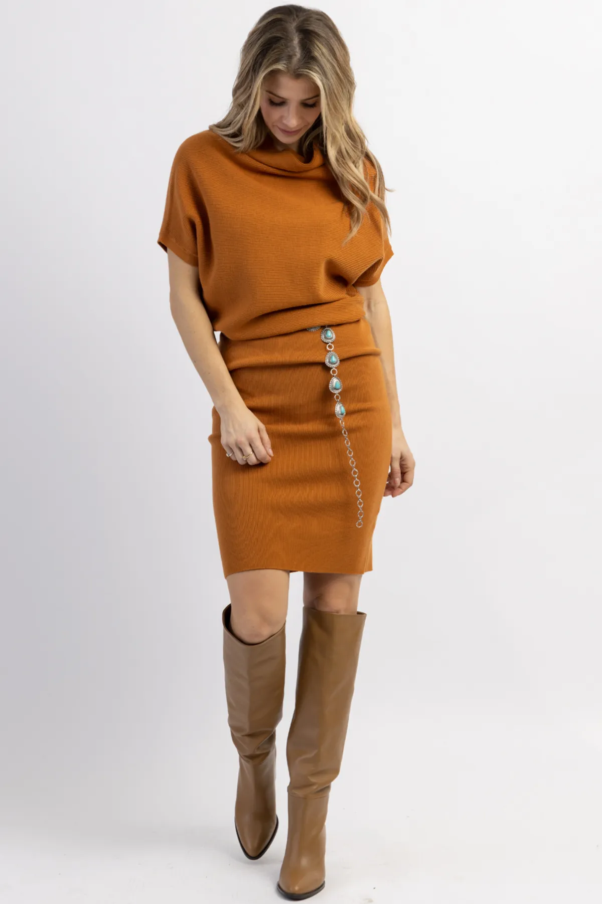 PIPPA CAMEL SLOUCH SHOULDER MINI DRESS