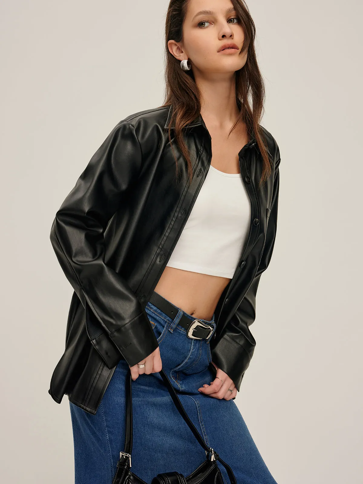 Plain Faux Leather Lapel Shirt