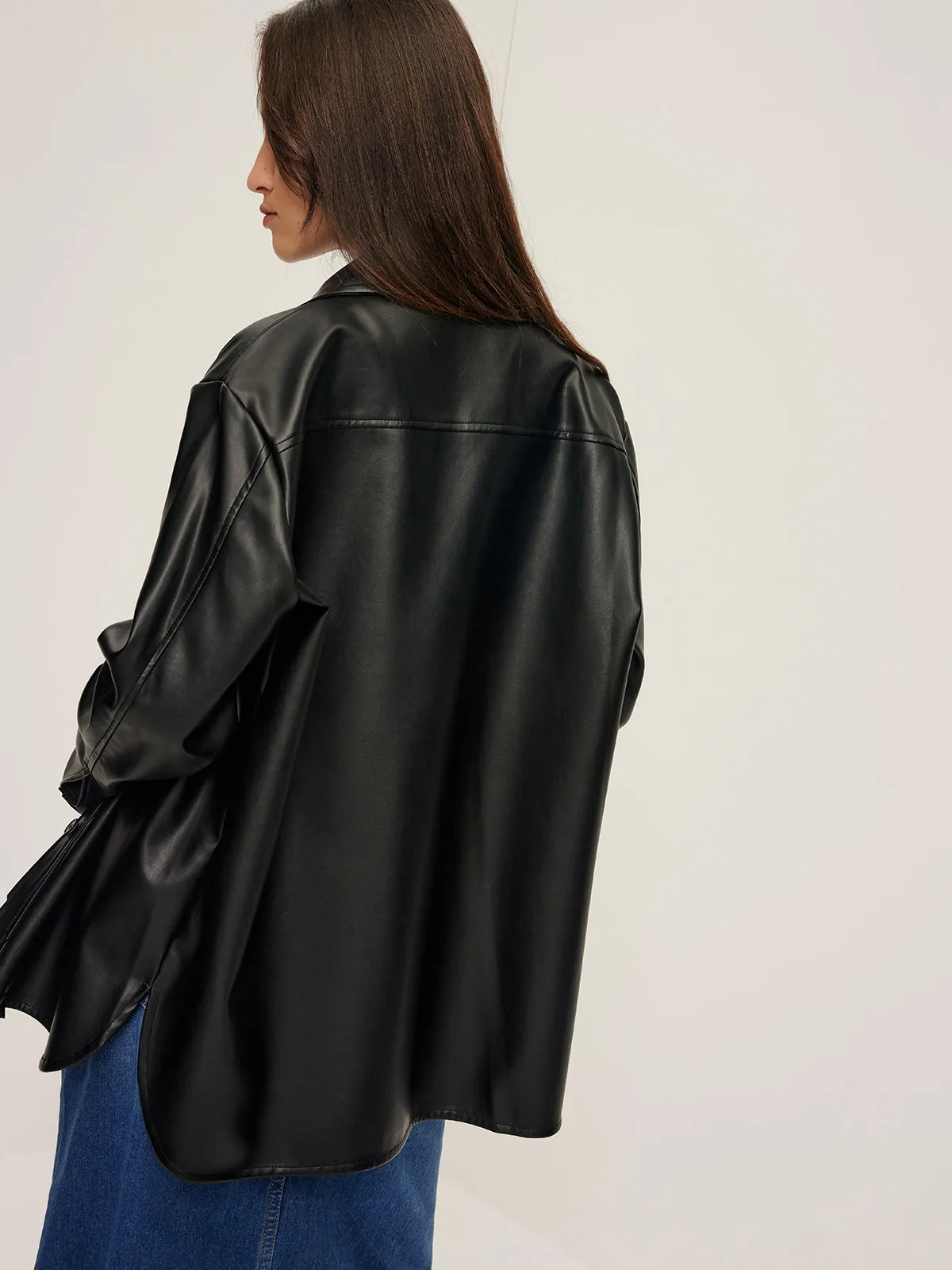 Plain Faux Leather Lapel Shirt