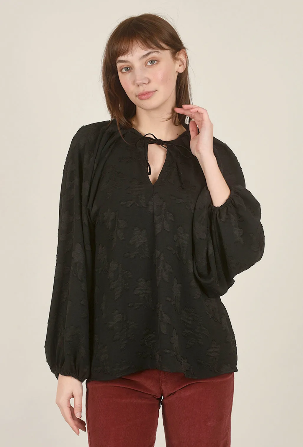 Pleated Shoulder Jacquard Blouse, Black